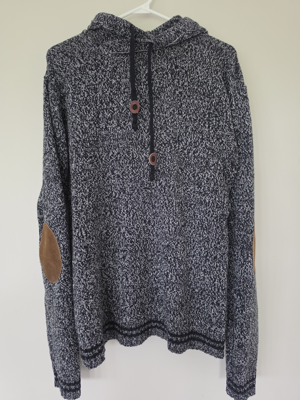 Men's Black & White Marled Hooded Sweater with Brown Elbow Patches